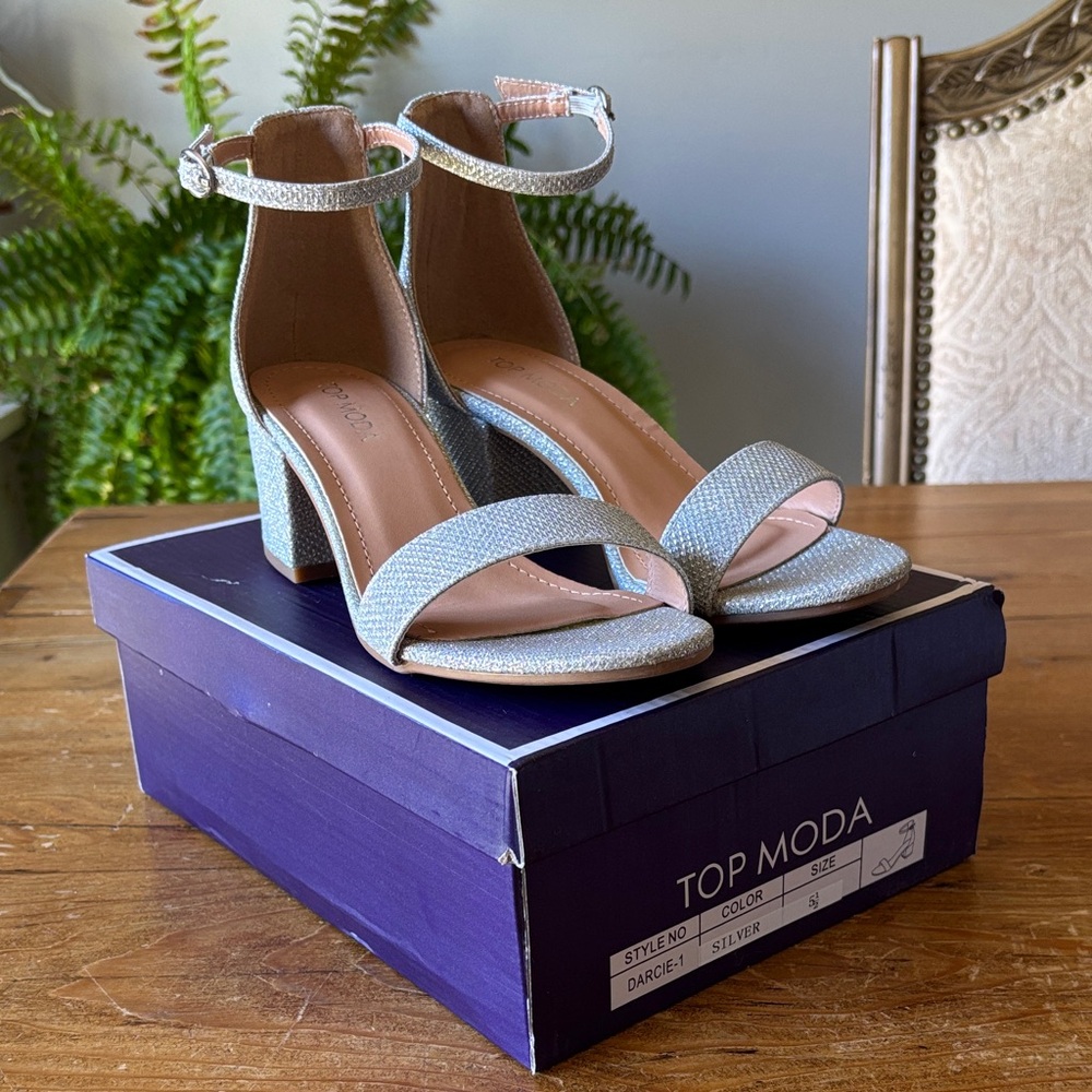 TOP Moda Glittering Silver Block Heels size 5.5